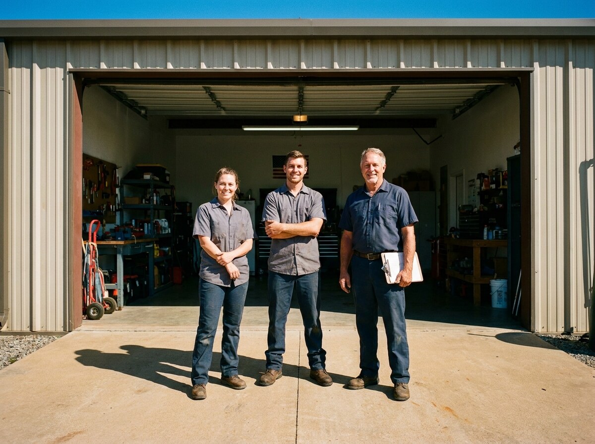Gridline Plumbing team in front of the shop