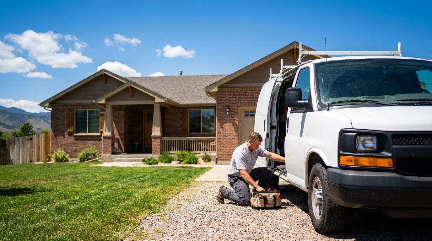 Gridline Plumbing technician and van at a residential job site